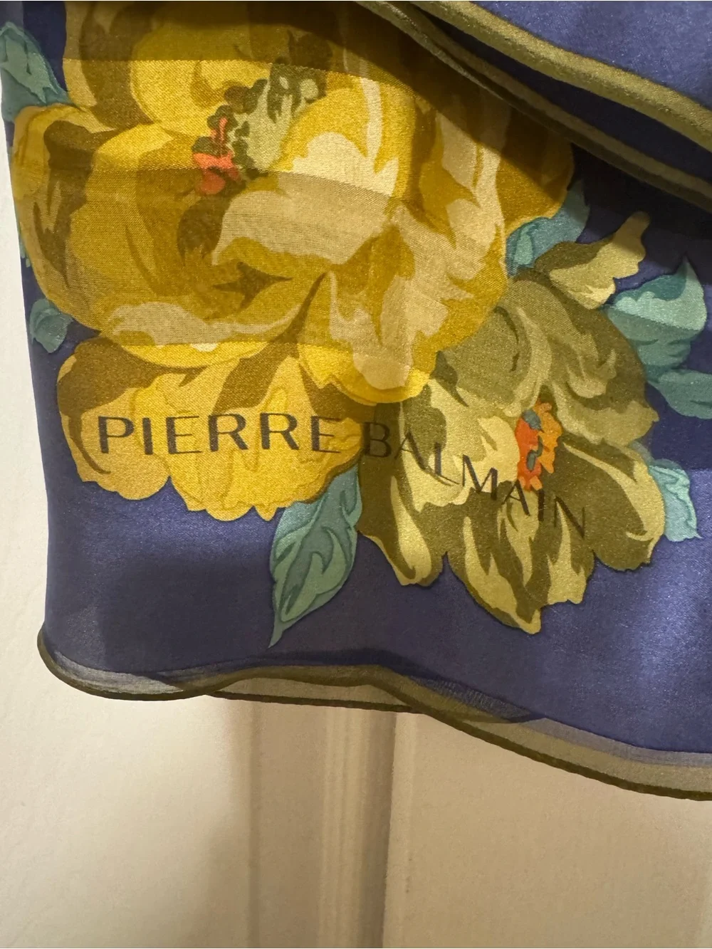 Pierre Balmain Blue Floral Silk Scarf with Yellow Blooms